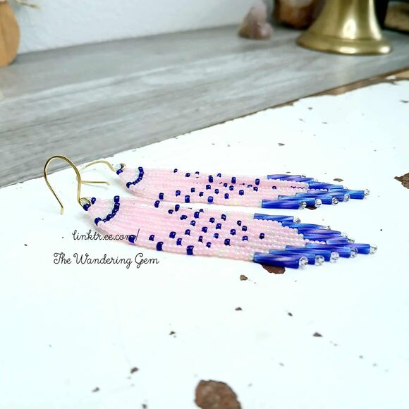 Pink & Blue Beaded Fringe Cascade Shoulder Duster Dangle Earrings, Boho Chic 4" - Picture 4 of 7